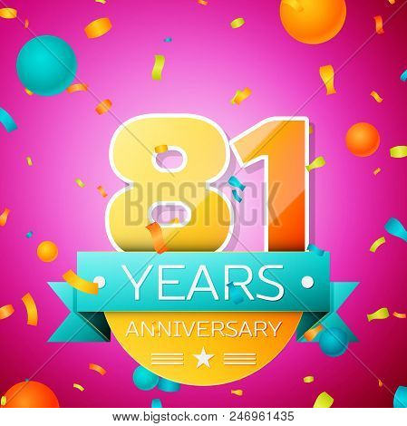 Realistic Eighty One Years Anniversary Celebration Design Banner. Gold Numbers And Cyan Ribbon, Ball