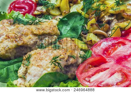 Fried Chicken With Potatoes, Mushrooms And Chicken