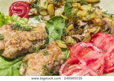 Fried Chicken With Potatoes, Mushrooms And Chicken
