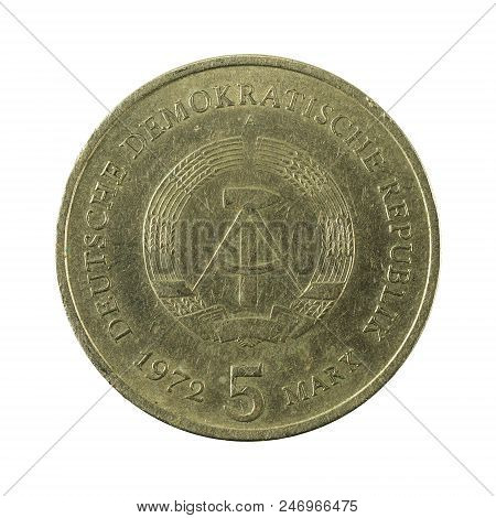 Historic 5 East German Mark Coin (1972) Obverse Isolated On White Background