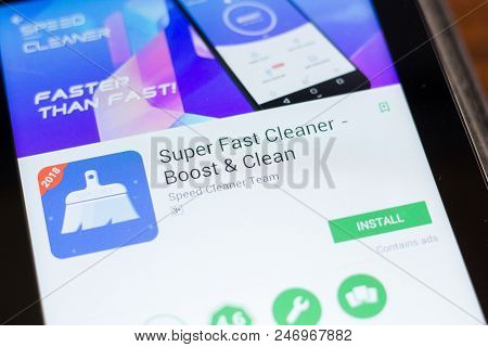 Ryazan, Russia - June 24, 2018: Super Fast Cleaner Mobile App On The Display Of Tablet Pc