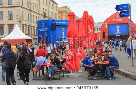 St. Petersburg, Russia - June 18, 2018: Football Fans At Fifa World Cup Russia 2018 Fan Fest. Footba