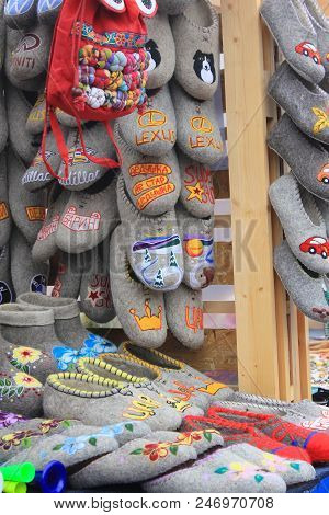 St. Petersburg, Russia - June 25, 2018: Valenki Traditional Russian Footwear At Souvenir Store. Felt