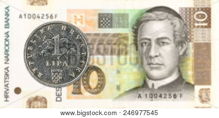 2 Croatian Lipa Coin Against 10 Croatian Kuna Bank Note