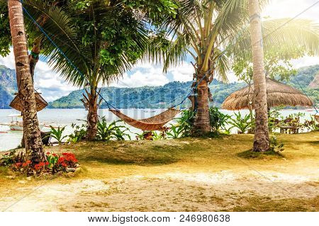 Tropical Beach. A Hammock Between Two Palm Trees On The Beach. Concept Of Rest. Beautiful Beach.
