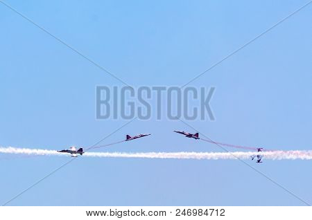 Baku.Azerbaijan.June 26,2018.The Turkish Stars and Solo Turk are the aerobatic demonstration team of the Turkish Air Force and the national aerobatics team of Turkey.Day of the Armed Forces of Azerbaijan 1918-2018(Turk Yildizlari ve Solo Turk)