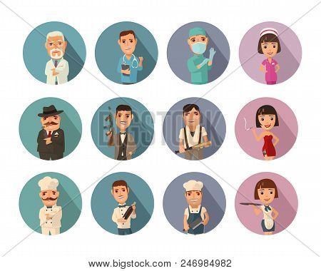 Set Icon People Different Professions. Doctor, Cook Man, Chef, Waitress, Mafia Don, Gangster, Prosti