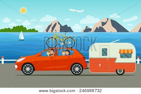 Funny  Family Driving In Car And Trailers Caravan On Weekend Holiday. Summer Sea Landscape.vector Fl