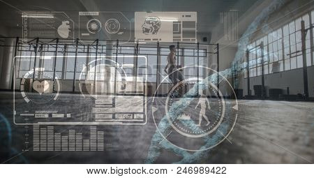 Digital composite of Composite image of training man with digital files and health symbols