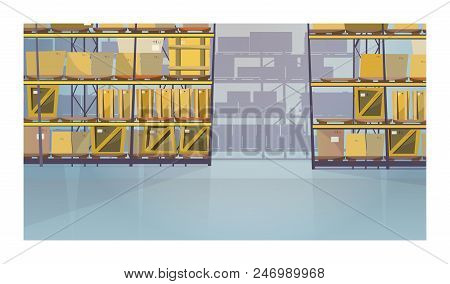 Large Warehouse Room With Boxes On Shelves Vector Illustration. Modern Storage Room With Packaged Go