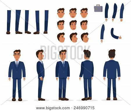 Flat Icons Set Of Business Man Views, Poses And Emotions. Man Facial Expressions Collection. Busines