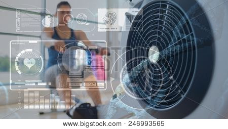 Digital composite of Composed image of statistical data on woman at the gym background
