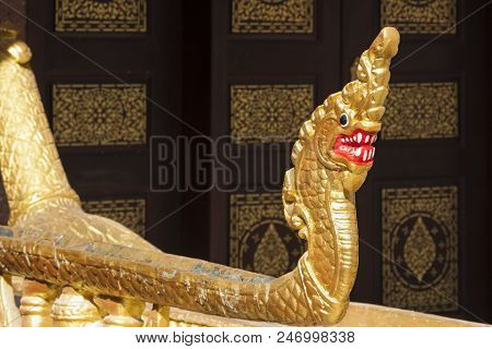 Phnom Penh, Cambodia - December 21, 2013: Naga Snake Detail Of Wat Langka Interior Decoration In Phn
