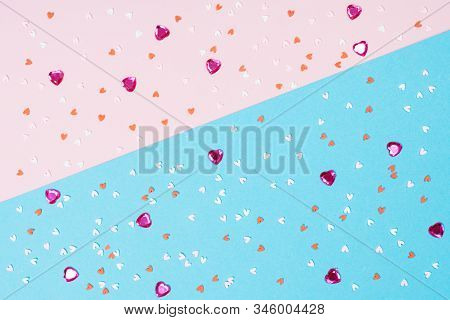 Conffeti Hearts On A Pink Pastel Trendy Background Valentine's Day Festive Background