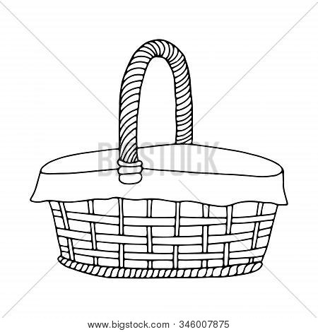 Hand-drawn Wicker Basket Isolated On A White Background.oval High Basket For A Picnic, For Collectin