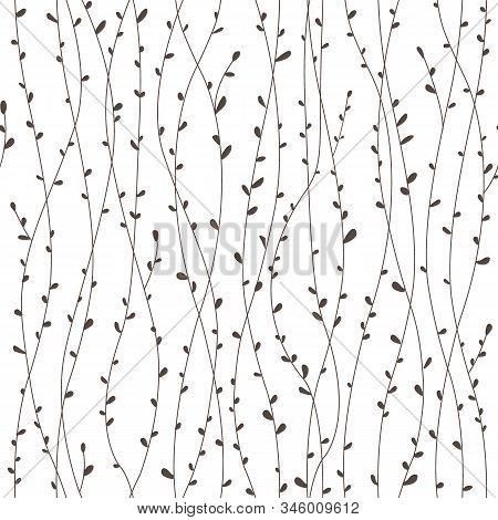 Vector Seamless Pattern With Branches And Leaves. Floral Stylish Background. Delicate Silhouette Of 