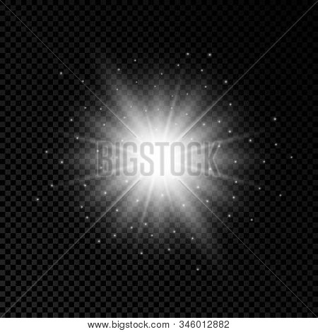 Light Effect Of Lens Flares. White Glowing Lights Starburst Effects With Sparkles On A Transparent B