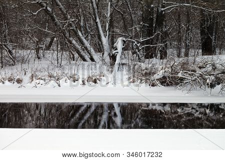 Snowy Forest, Ice Covered River And Polynya With Reflection Of Trees At Gray Snowing Winter Day