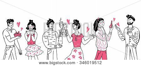 Banner Or Card For Saint Valentines Day With Loving Romantic Couples Exchanging Gifts And Greeting E