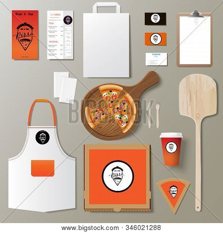 Vector Pizzeria Corporate Branding Identity Template Design Set. Take Away Pizza Mock Up