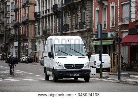 Grenoble, France - March 14, 2019: White Panel Van Mercedes-benz Sprinter (w906) In The City Street.
