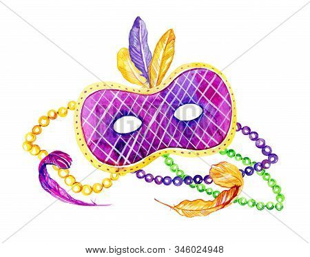 Composition For Mardi Gras. Group Of Traditional Objects. Feathered Mask And Beads. Hand Drawn Water