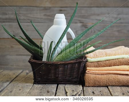 The Concept Of Eco-friendly Natural Detergents. Detergents And Cleaners With Aloe Vera Plant On A Wo