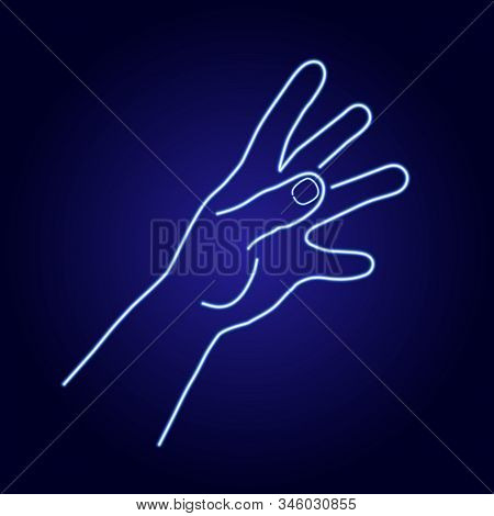 Hand Try To Reach Something From Glowing Blue Neon Luminescence Lines On Classic Blue Dark Backgroun