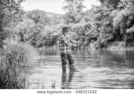 Get Hooked. Fisherman With Fishing Rod. Summer Weekend. Big Game Fishing. Retired Bearded Fisher. Tr