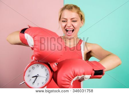 Fighting With Alarm Clock. Time To Fight. Time For Success. Win The Day. Angry Woman Boxing Gloves. 