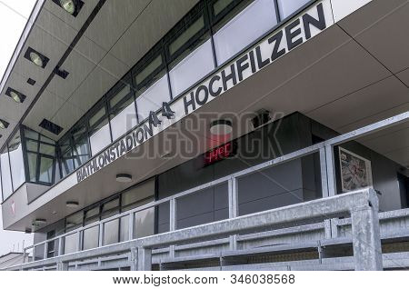 Hochfilzen, Austria - September 2018: Official Building At The Local Biathlon Arena