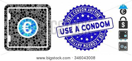 Mosaic Euro Safe Icon And Corroded Stamp Seal With Use A Condom Anytime Text. Mosaic Vector Is Desig