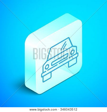 Isometric Line Car Icon Isolated On Blue Background. Front View. Silver Square Button. Vector Illust