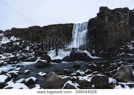 Oxarafoss Waterfall In Icelandic National Park Thingvellir