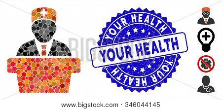 Collage Health Care Official Icon And Rubber Stamp Seal With Your Health Caption. Mosaic Vector Is F