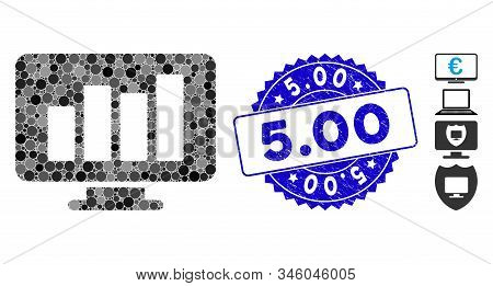 Mosaic Monitor Icon And Rubber Stamp Seal With 5.00 Text. Mosaic Vector Is Composed From Monitor Ico