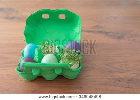 Decorative Handmade Easter Egg Present Box With Eggs And Cress. Beautiful Decoration Easternest Bask