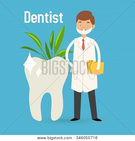 Male Cartoon Dentist Doctor In Medical Uniform And Teeth Vector Illustration. Dentistry And Tooth Ca