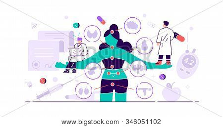 Endocrinology Concept. Tiny Hormones Diseases Persons. Abstract Medicine And Biology Endocrine Syste