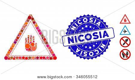 Mosaic Stop Hand Triangle Icon And Distressed Stamp Seal With Nicosia Phrase. Mosaic Vector Is Desig