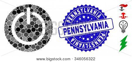 Mosaic Turn Off Power Icon And Corroded Stamp Seal With Pennsylvania Phrase. Mosaic Vector Is Design