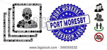 Mosaic User Accounts Icon And Grunge Stamp Seal With Port Moresby Text. Mosaic Vector Is Created Wit