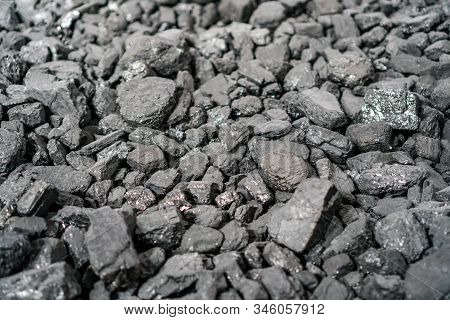 Char-coal. Pattern, Heap. Pile Of Bituminous Coal Cinder. Stone Coal Industry, Business. Black Coal 
