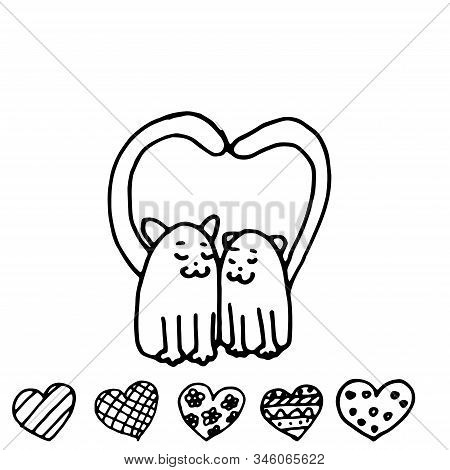 Two Lovers Cats In Doodle Style Isolated On White Background
