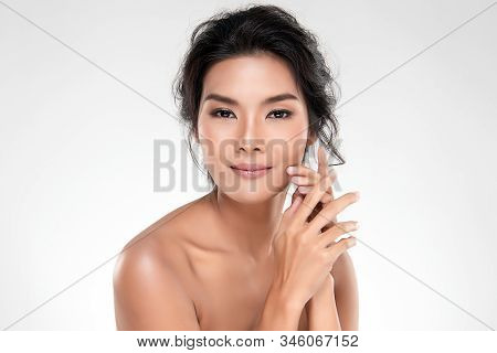 Portrait Beautiful Young Asian Woman Clean Fresh Bare Skin Concept. Asian Girl Beauty Face Skincare 