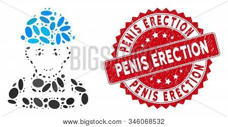 Mosaic Glad Worker Icon And Red Grunge Stamp Seal With Penis Erection Text. Mosaic Vector Is Formed 