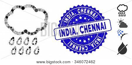 Mosaic Rain Icon And Distressed Stamp Watermark With India, Chennai Caption. Mosaic Vector Is Formed