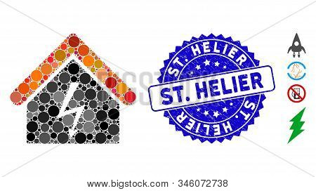 Mosaic Power Station Icon And Distressed Stamp Watermark With St. Helier Caption. Mosaic Vector Is C