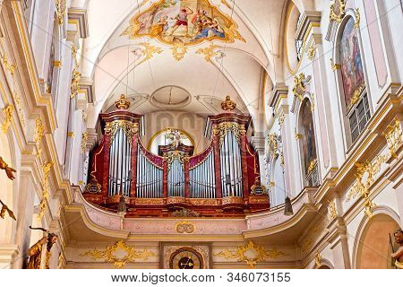 Munich, Germany - May 24, 2019: The Organ Loft Inside The Peterskirche (peters Church) With Baroque 