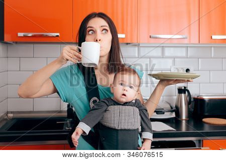 Busy Multitasking Mom With Baby, Coffee Mug And Dishes